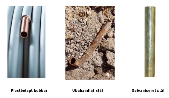 3 forskellige slags rør, plastbelagt kobber, ubehandlet stål og galvaniseret stål