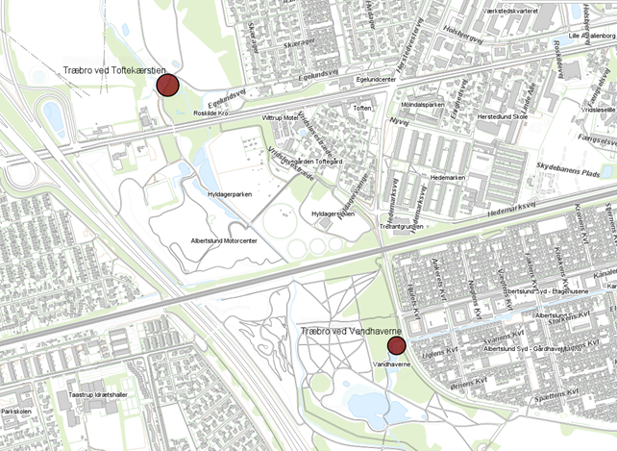 Kort over træbroer, der skal udskiftes