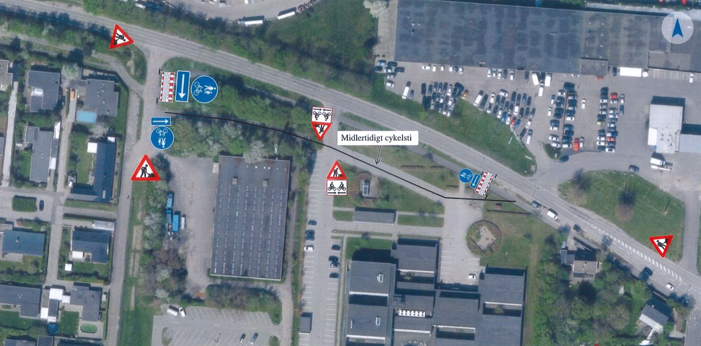 Kort over midlertidig cykelsti med genvej ind på Kennedy centrets område