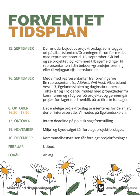 Plakat med tidsplan over udviklingen af Grønningen fra september 2024 til sommeren 2025