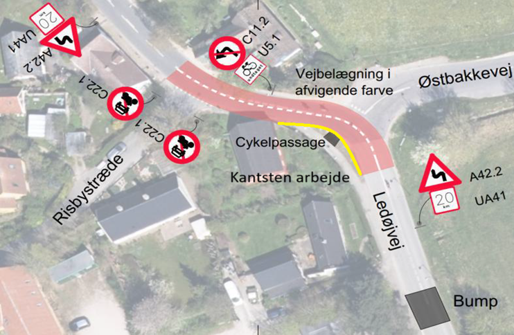 Billede med kort over området, hvor det røde slidlag etableres