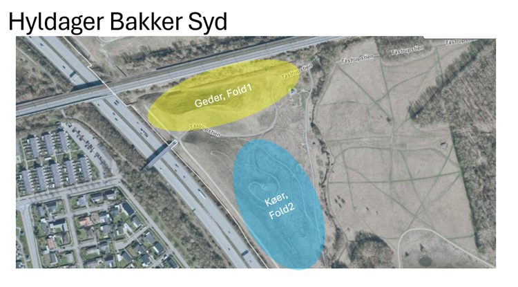 Kort over Hyldager Bakker Syd med markering af fold 1 og fold 2 til dyr