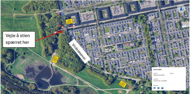 Kort med træbro, der skal udskiftes over kanalen ved Vandhaverne