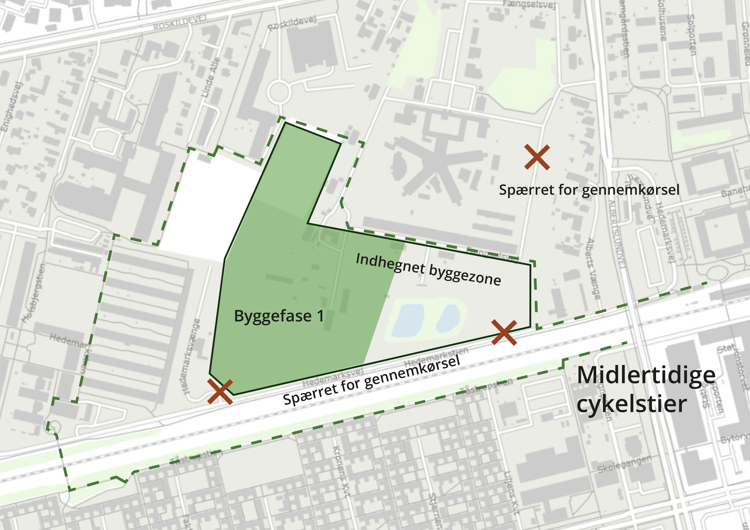 Kort over lukningen af Hedemarksvej og med de midlertidige cykelstier